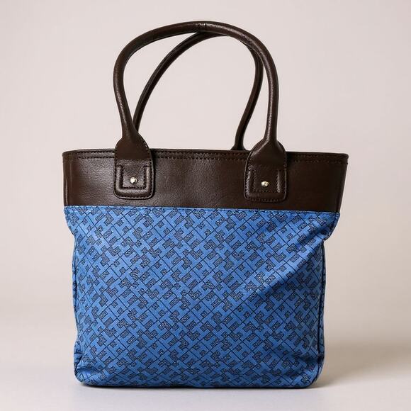 Tommy Hilfiger Monogram Tote Bag Brown Leather & Blue Pattern 13"x13"x4.5" - Picture 2 of 13